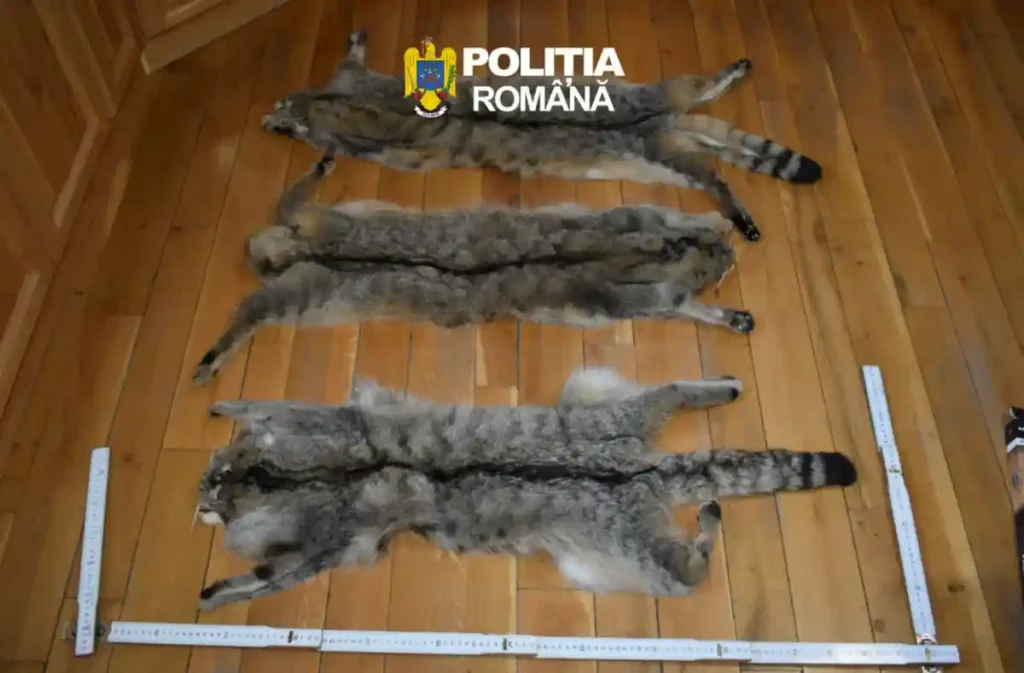 FOTO | Percheziții la Rimetea, la domiciulul unui bărbat cercetat pentru braconaj cinegetic: Blănuri de pisică salbatică, specie la care vânarea este interzisă, găsite de polițiști