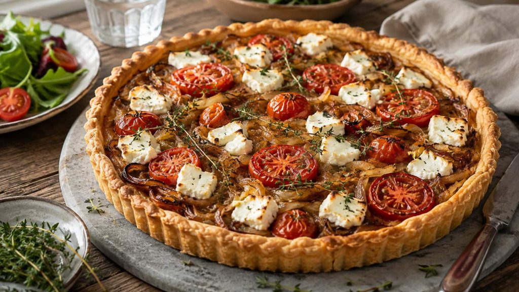 Tartă sărată cu roșii, ceapă caramelizată și brânză de capră: rețeta simplă care arată ca scoasă dintr-un bistro