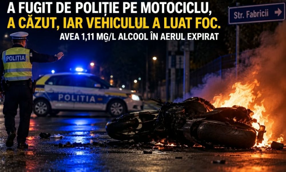 A fugit de poliție pe motociclu, a căzut, iar vehiculul a luat foc. Avea 1,11 mg/l alcool în aerul expirat