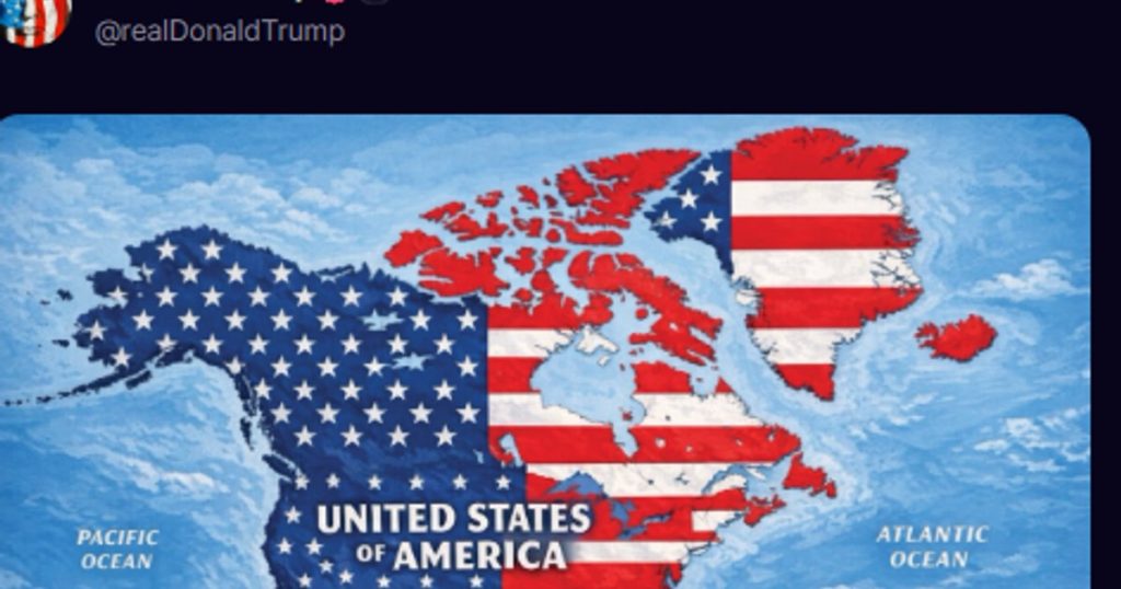 Trump a publicat o hartă în care Canada, Groenlanda și Mexicul apar acoperite de steagul SUA