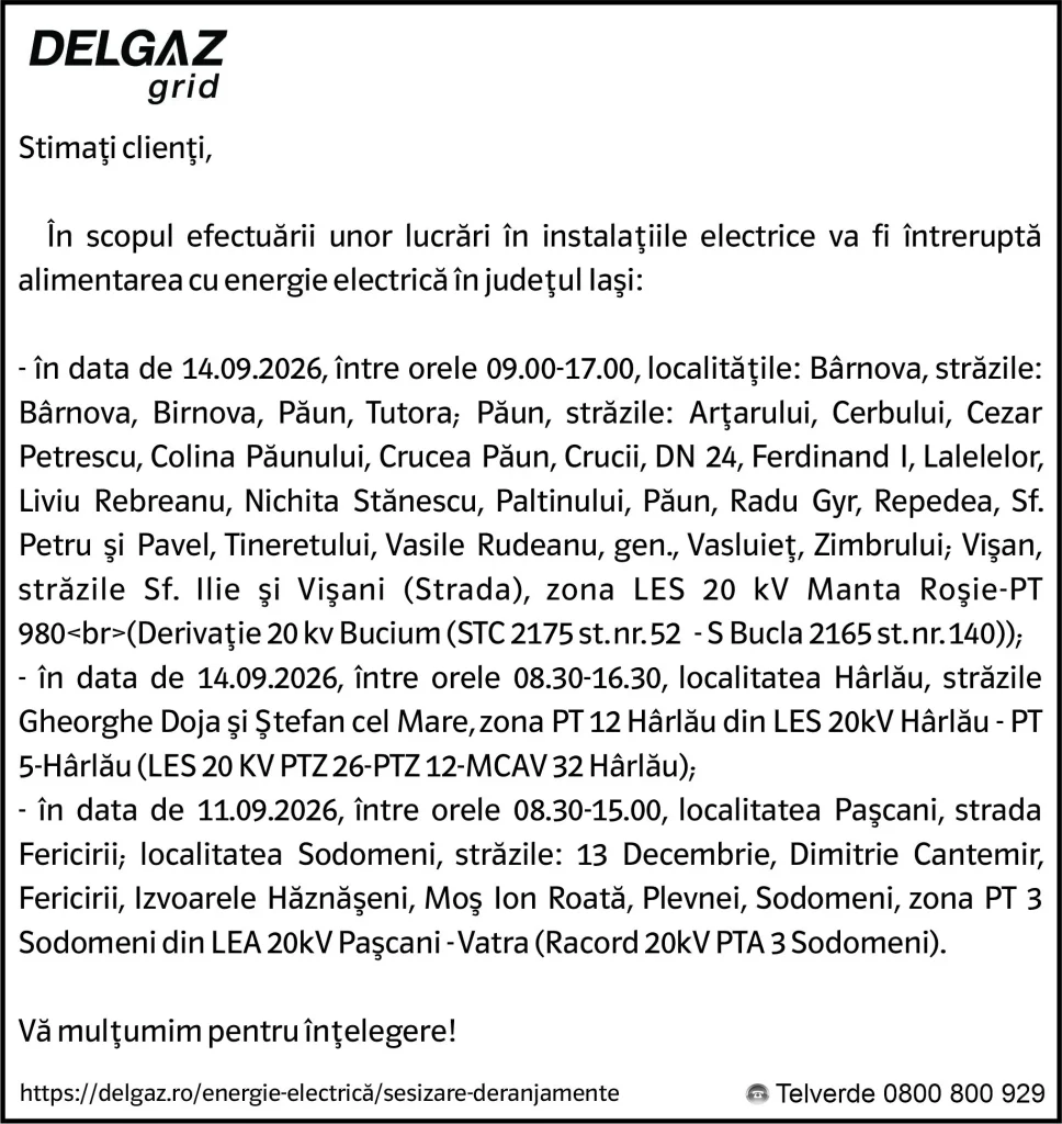 Anunț Delgaz Grid 10 septembrie 2026