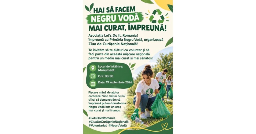 Negru Vodă se alătură Zilei de Curățenie Națională. Locuitorii sunt invitați să participe la acțiunea de voluntariat
