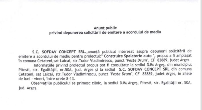 S.C. SOFDAV CONCEPT SRL: Anunț public privind depunerea solicitării de emitere a acordului de mediu