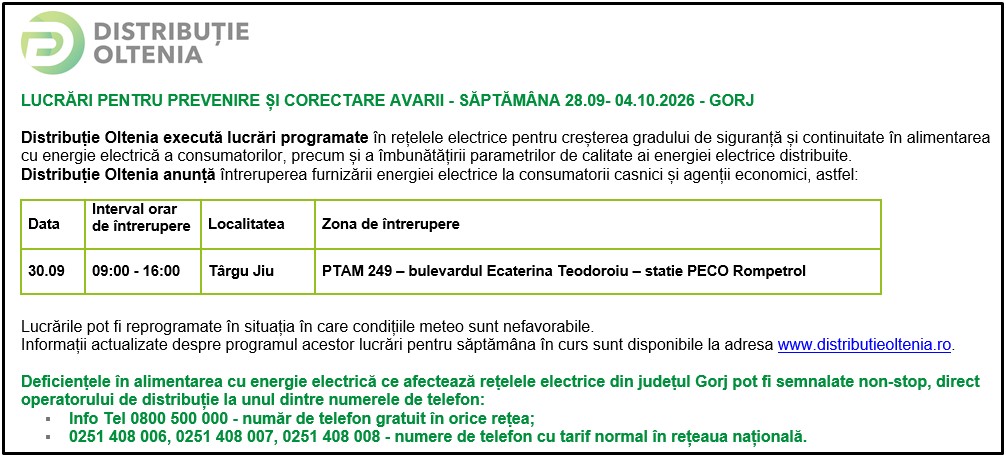 Distribuţie Oltenia anunţă programul de întrerupere a furnizării energiei electrice din data de 30.09.2026