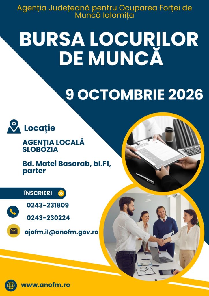 Bursa Locurilor de Muncă se va desfășura vineri, 9 octombrie, la Slobozia