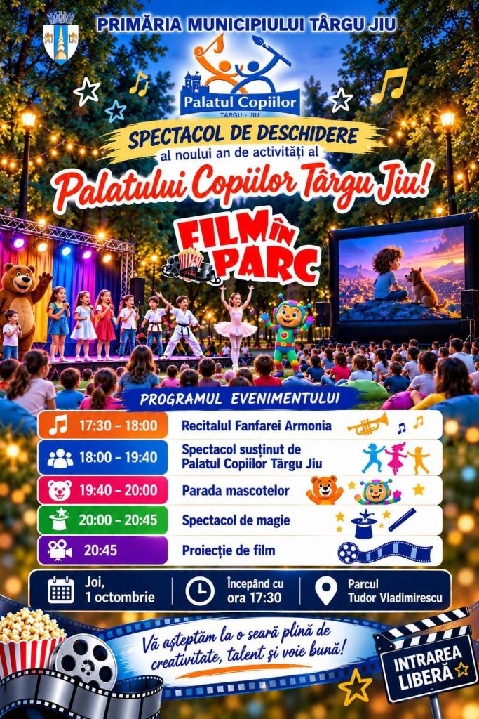 ”Film în parc”, joi, în Parcul Tudor Vladimirescu din Târgu Jiu