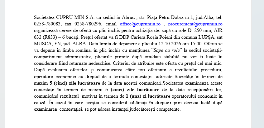 Cerere de ofertă cu plic închis pentru achiziția de: sapă cu role D=250 mm, AIR 632 (R833) – 6 bucăți