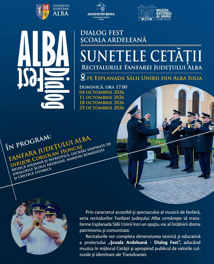 4 octombrie, ora 17:00 „Sunetele Cetății”, recital al Fanfarei Județului Alba, pe esplanada Sălii Unirii din Alba Iulia