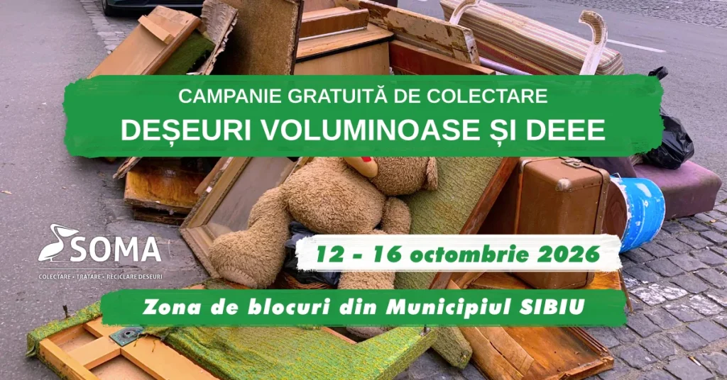 Octombrie 2026: Soma organizează campanie de colectare a deșeurilor voluminoase, inclusiv a celor electrice și electronice, în zonele de blocuri din Sibiu