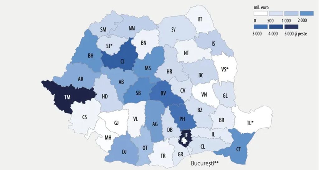 Harta banilor straini din Romania Judetele unde investitiile au crescut de peste 3 ori in ultimii 10 ani - INFOGRAFIC