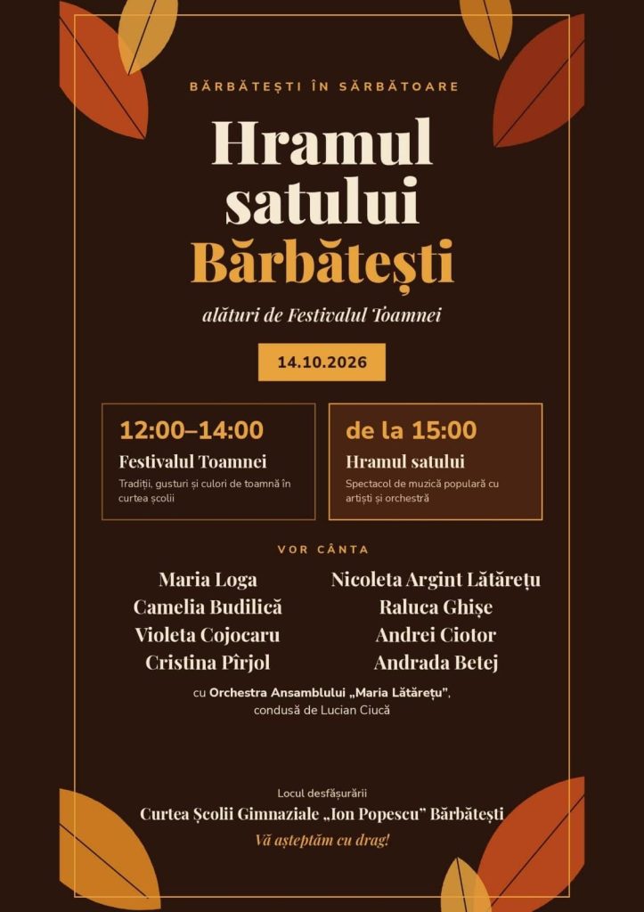 Hramul satului Bărbătești și Festivalul Toamnei, pe 14 octombrie