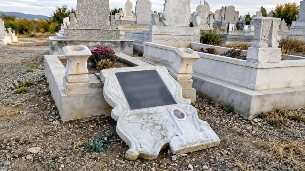 Șoc într-un cimitir din Câmpia Turzii: o femeie și-a găsit mormântul mamei distrus. Poliția caută autorii