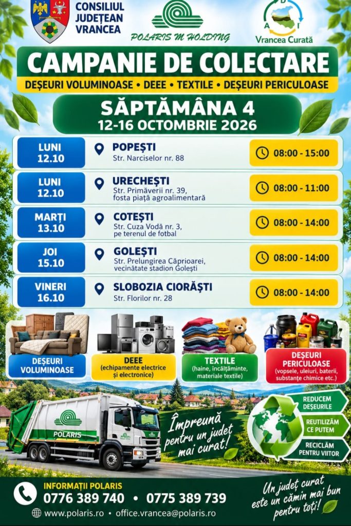 CONSILIUL JUDEȚEAN VRANCEA ȘI ADI „VRANCEA CURATĂ” CONTINUĂ CAMPANIA DE COLECTARE A DEȘEURILOR SPECIALE