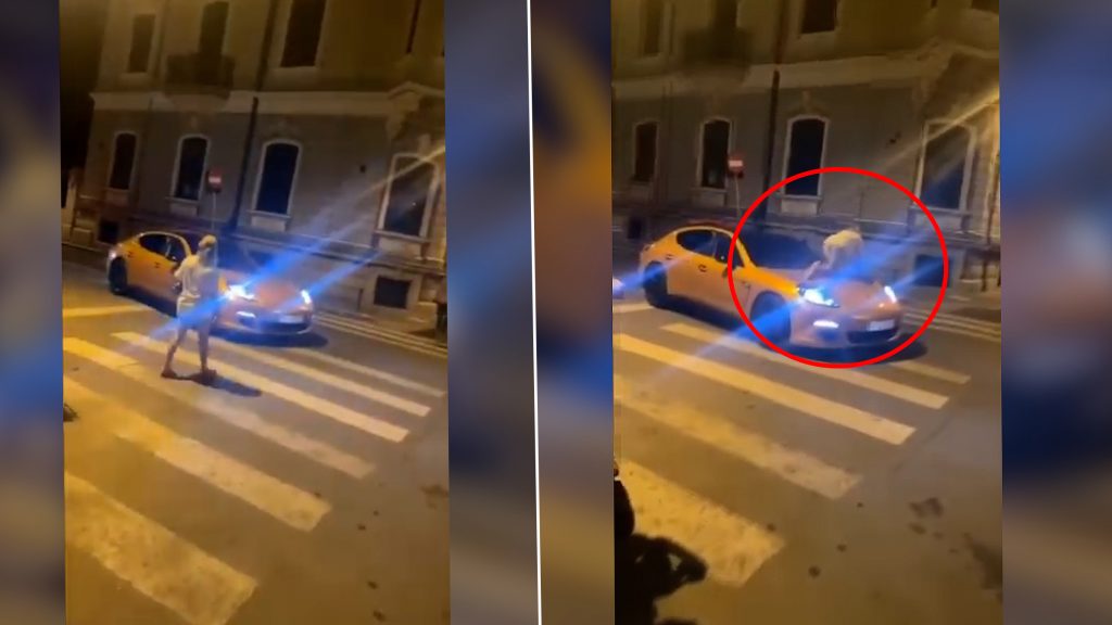 Un Porsche oprit în mijlocul străzii a devenit trecere de pietoni pentru o femeie. Momentul inedit a fost surprins de un trecător