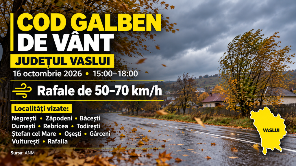 Cod galben de vânt în județul Vaslui. Negrești și zece comune, vizate de rafale de până la 70 km/h – FOTO