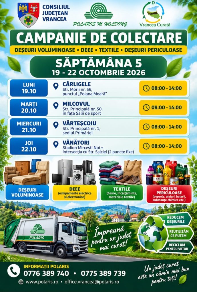 VRANCEA CONTINUĂ CAMPANIA DE COLECTARE A DEȘEURILOR! PATRU COMUNE, INCLUSE ÎN PROGRAMUL SĂPTĂMÂNII