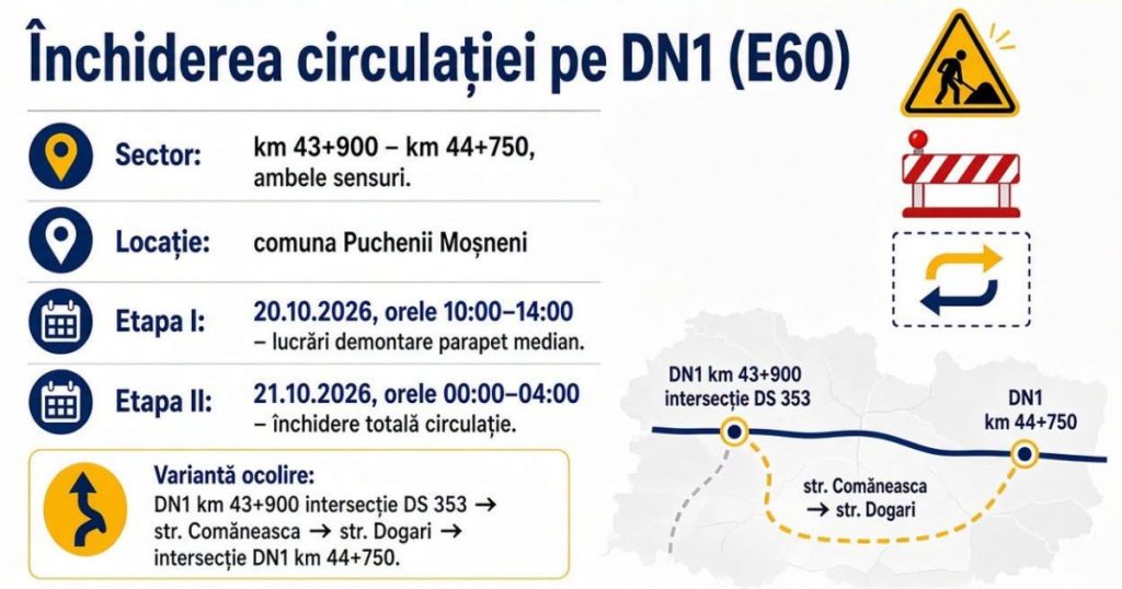 DN1 va fi închis pentru câteva ore marți și miercuri, în Prahova: intervalul orar și rutele alternative recomandate