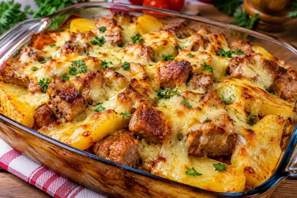 Cartofi la cuptor cu carne de porc și cașcaval topit. Rețeta care transformă ingredientele simple într-un preparat delicios