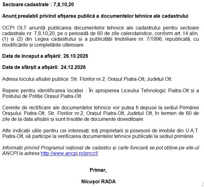Anunț prealabil privind afișarea publică a documentelor tehnice ale cadastrului