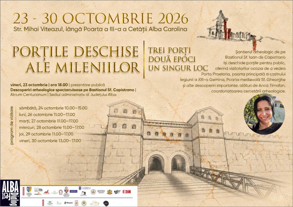 Șantierul arheologic de pe Bastionul Capistrano din Alba Iulia se deschide pentru public: prezentare vineri, 23 octombrie, la Atrium Centurionum, și vizite ghidate de arheologa Anca Timofan pe 24 și 26–30 octombrie