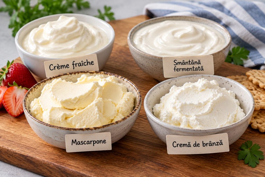 Crème fraîche, smântână, mascarpone și cremă de brânză: diferențe și utilizări în bucătărie