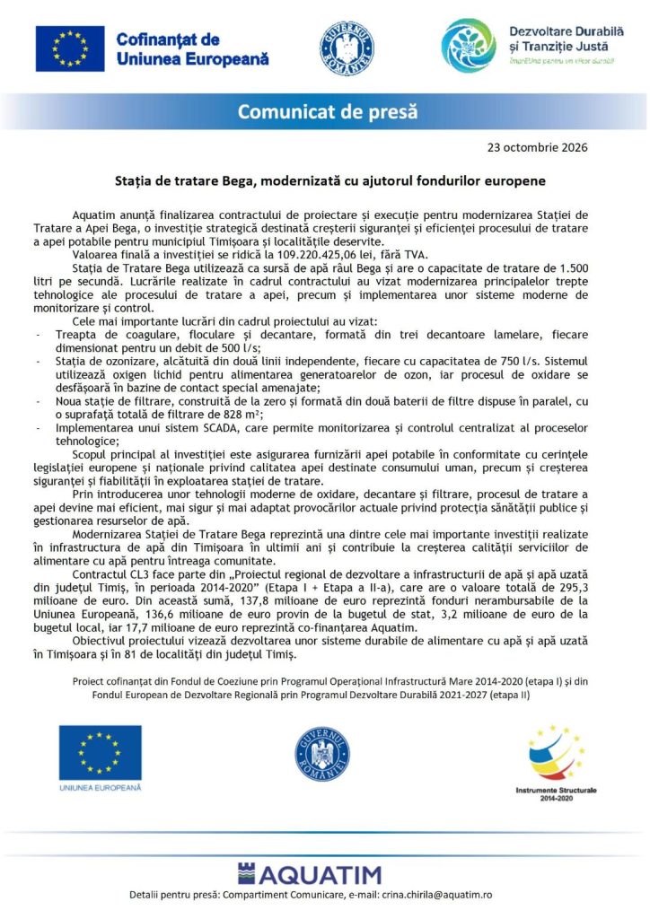 Stația de tratare Bega, modernizată cu ajutorul fondurilor europene