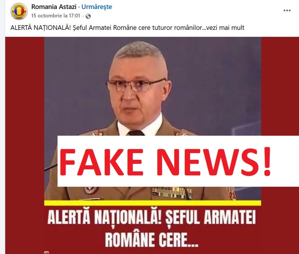 Campanie de fake news pe Facebook cu presupuse declarații ale șefului Armatei  / MApN: Materialele utilizează declarații și informații din interviuri sau apariții publice anterioare ale șefului Statului Major al Apărării, pe care le prezintă într-un conte