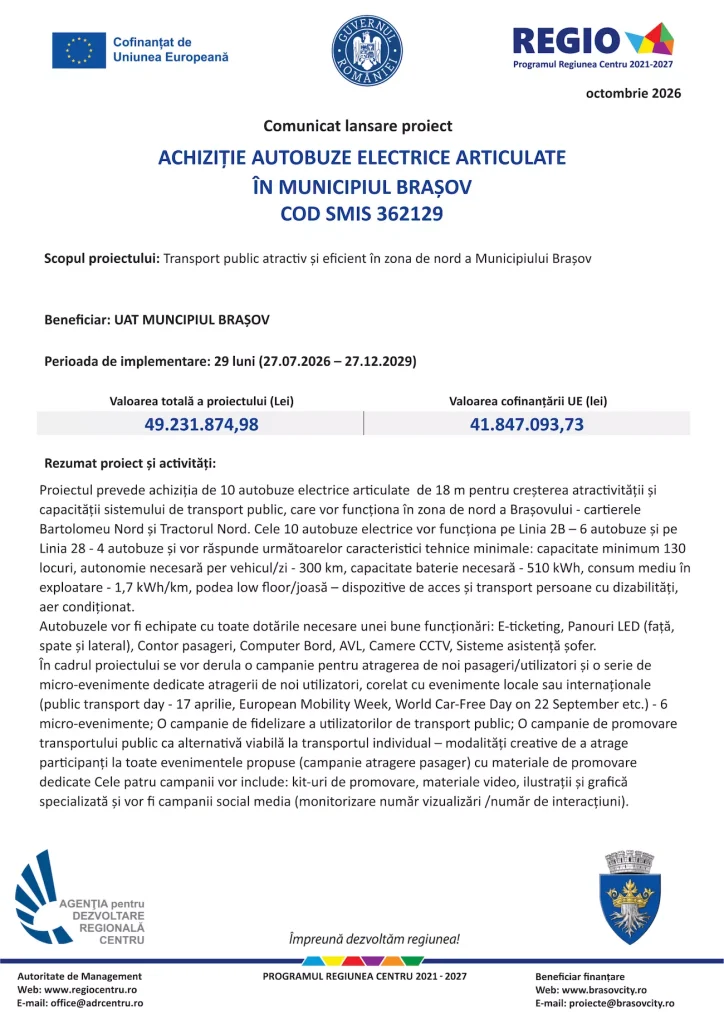 ACHIZIȚIE AUTOBUZE ELECTRICE ARTICULATE ÎN MUNICIPIUL BRAŞOV COD SMIS 362129