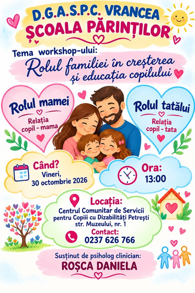 DGASPC Vrancea organizează un nou workshop ’Școala Părinților’ – ’Rolul familiei în creșterea și educația copilului’