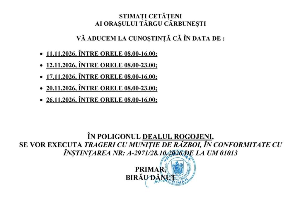 Exerciții militare cu muniție de război la Târgu Cărbunești. Anunțul Primăriei