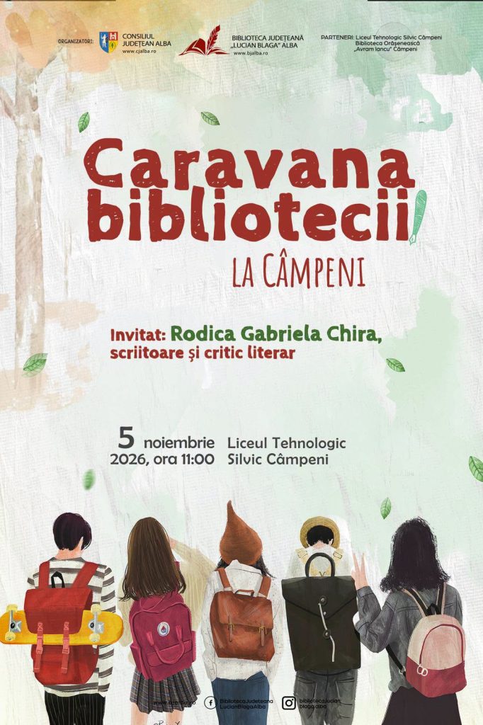 „Caravana bibliotecii” ajunge joi, 5 noiembrie, la Liceul Tehnologic Silvic din Câmpeni, cu scriitoarea și traducătoarea Rodica Gabriela Chira