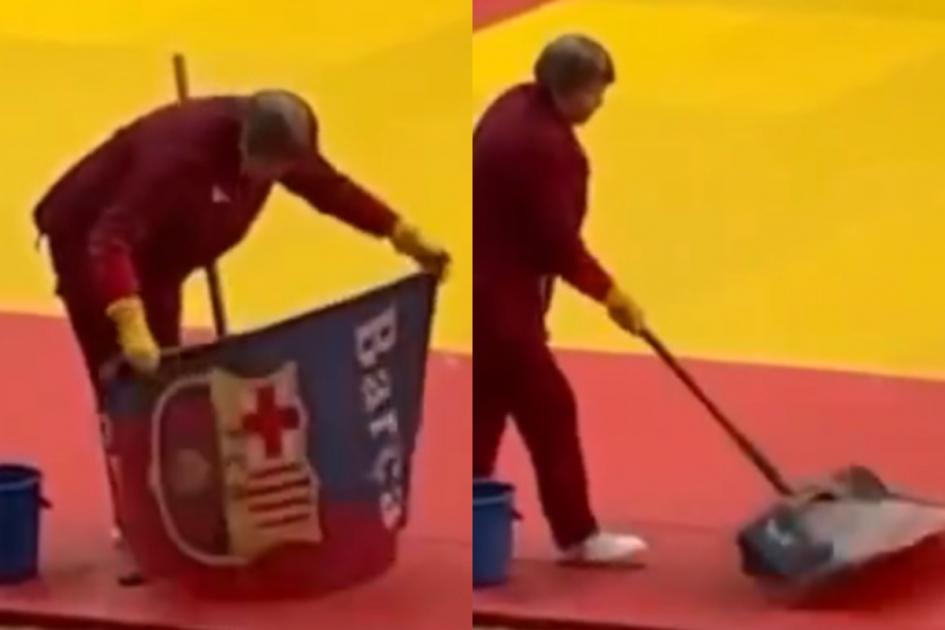 Scandal în Kazahstan, după ce o femeie de serviciu a spălat podeaua cu steagul Barcelonei. Imaginile care au stârnit controverse